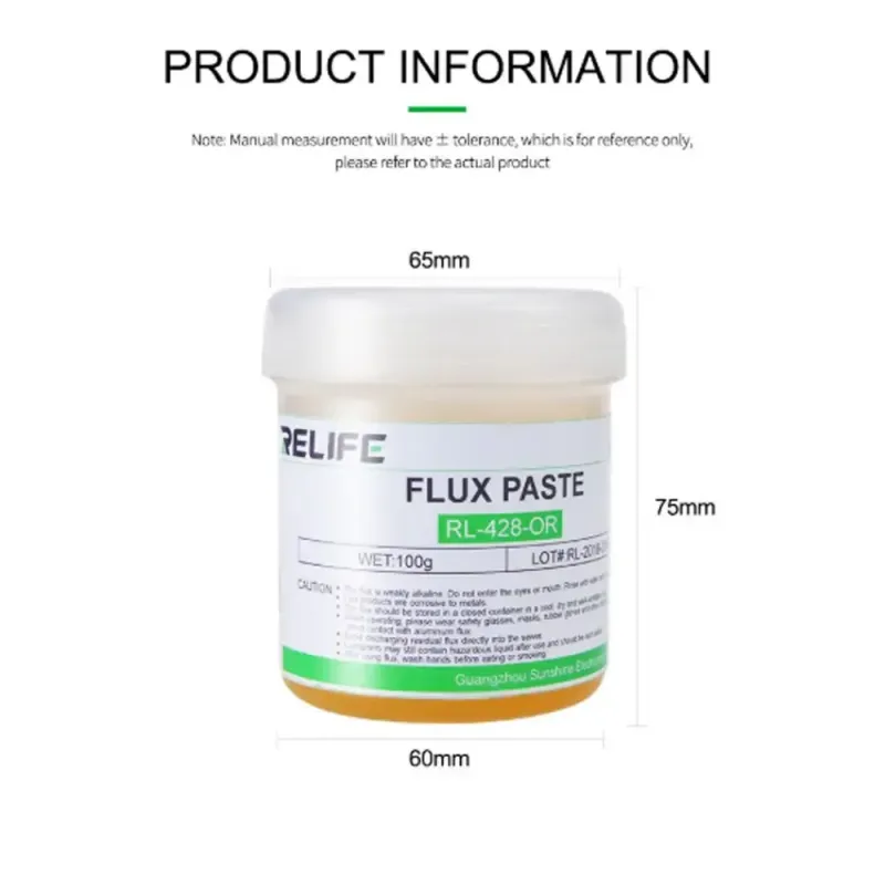 RELIFE Rosin Flux Paste RL-428-OR 100G Low Residue Formula dimensions