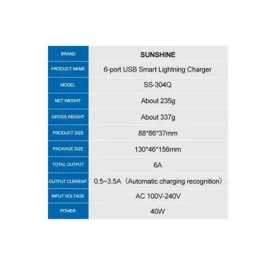 SUNSHINE SS-304Q 6A 6-Port USB Fast Charger Smart Output specifications