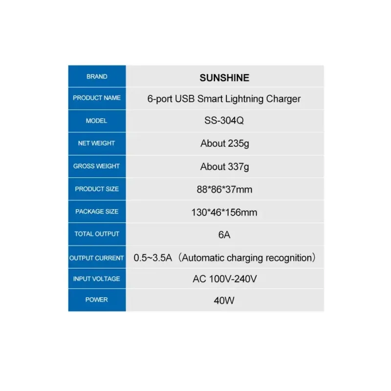 SUNSHINE SS-304Q 6A 6-Port USB Fast Charger Smart Output specifications